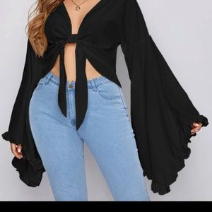 Plus ruffle bell sleeves tie front top